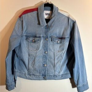 Tommy Hilfiger SZ XXL Flag Button Closure Many Pockets Jean Trucker Denim Jacket